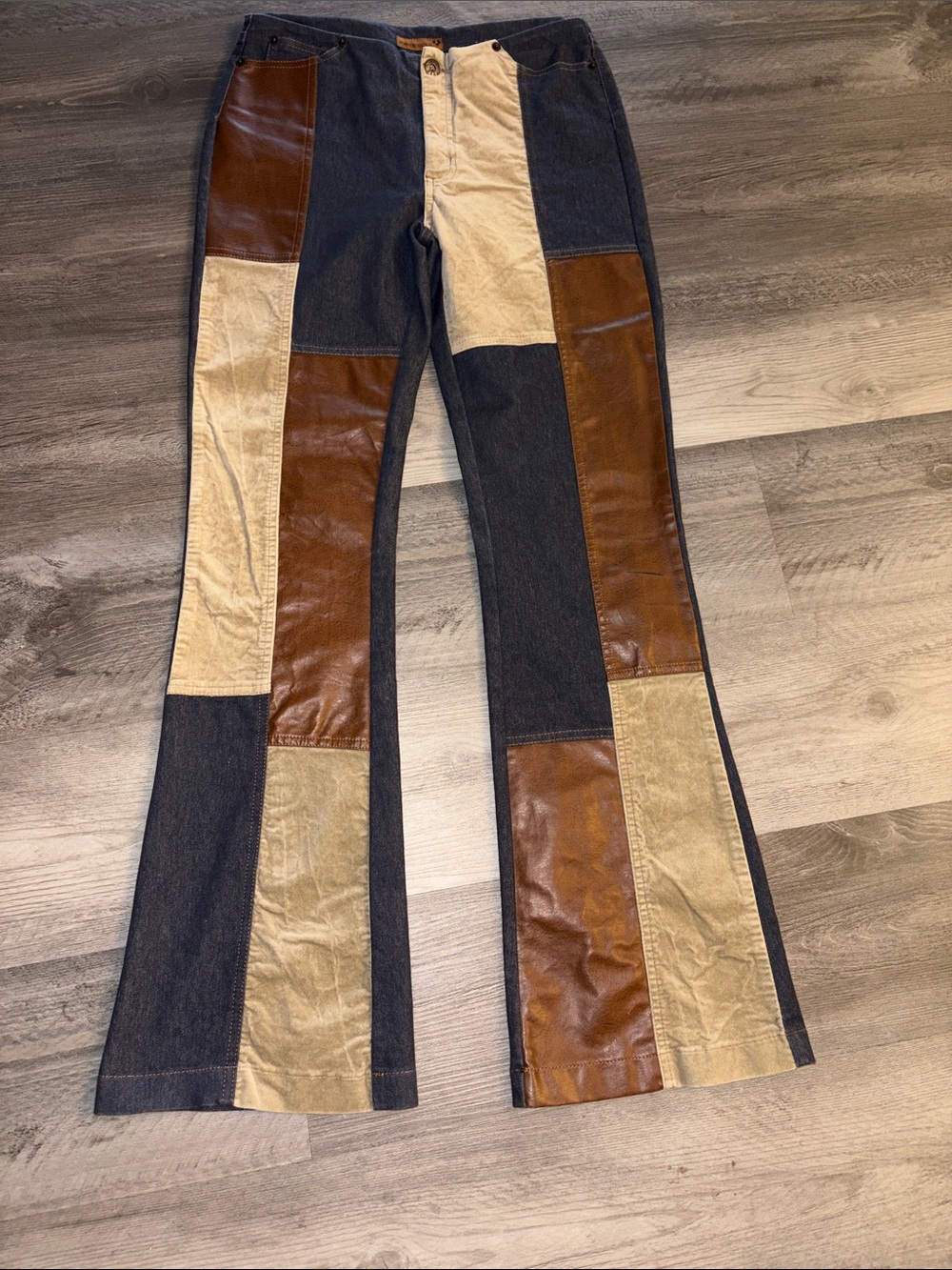 Vintage Patchwork Flare Jeans in Black, Brown & Cream